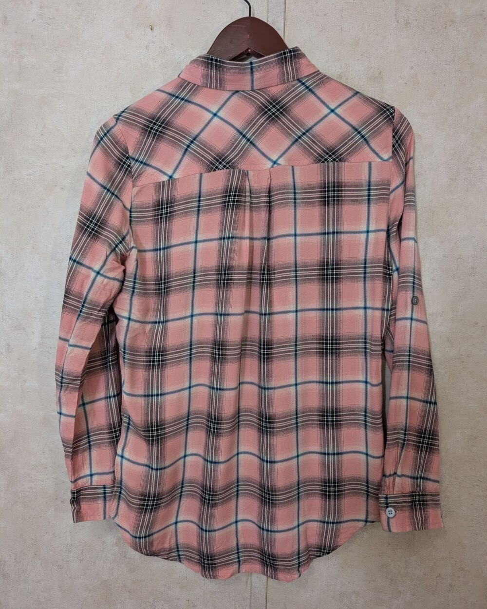Karen Kane Top Womens XS Pink Plaid Roll Tab Button Up Long Sleeve Preppy Shirt - Picture 4 of 11